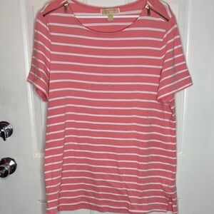 Michael Kors Pink and White Striped Short Sleeve Top